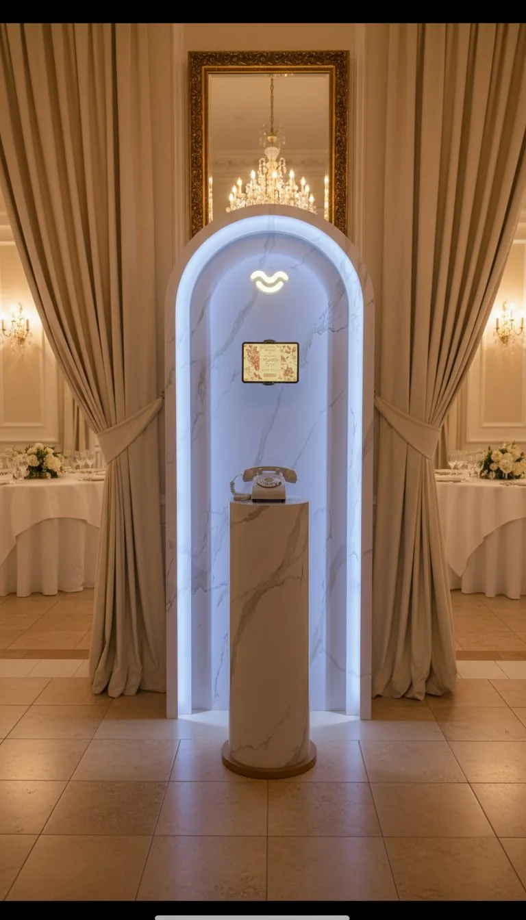 Video guestbook installation in a grand ballroom with chandeliers